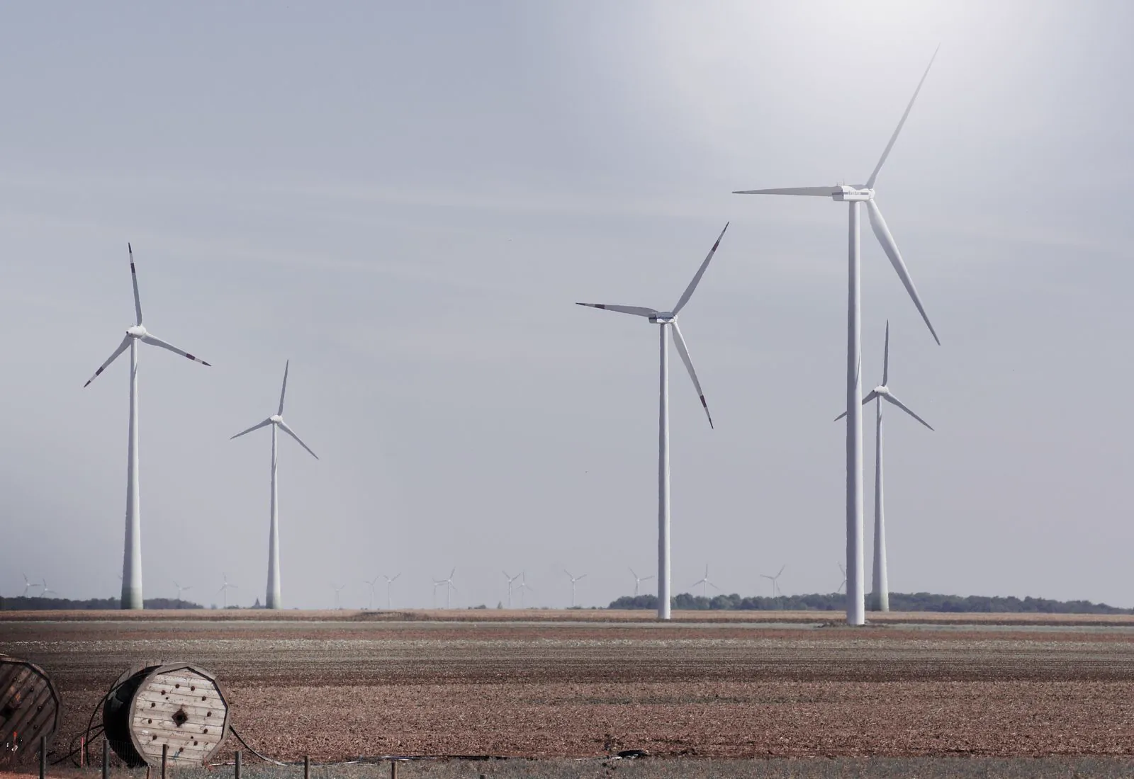 Wind turbines generating renewable energy in an open field